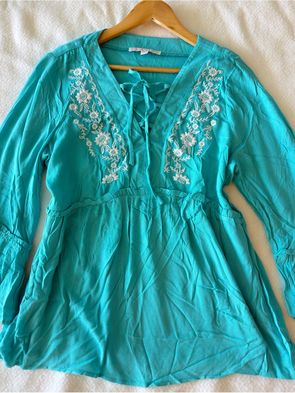Embroidered Tie-Front Turquoise Peasant Tunic